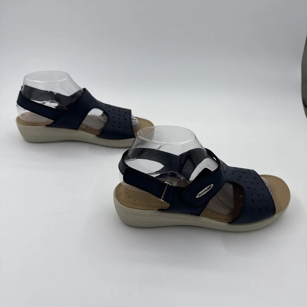 Fly Fot Women's Navy Blue Sandals Size 39 US 8 -8.5 Anatomic Strappy Wedge